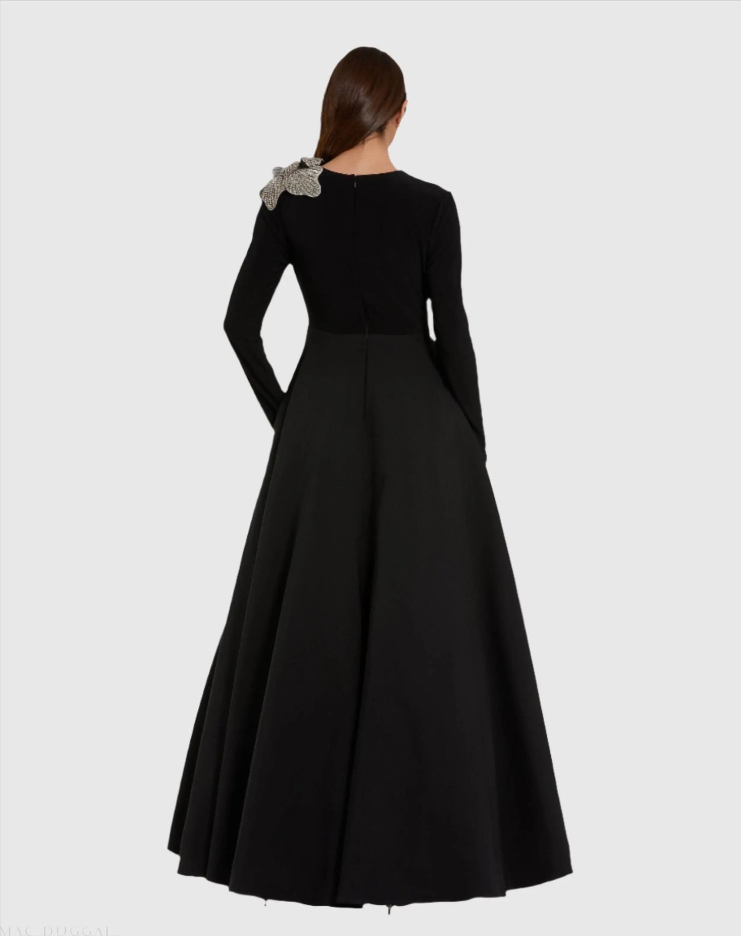 Black Long Sleeve Ball Gown with Rhinestone Flower