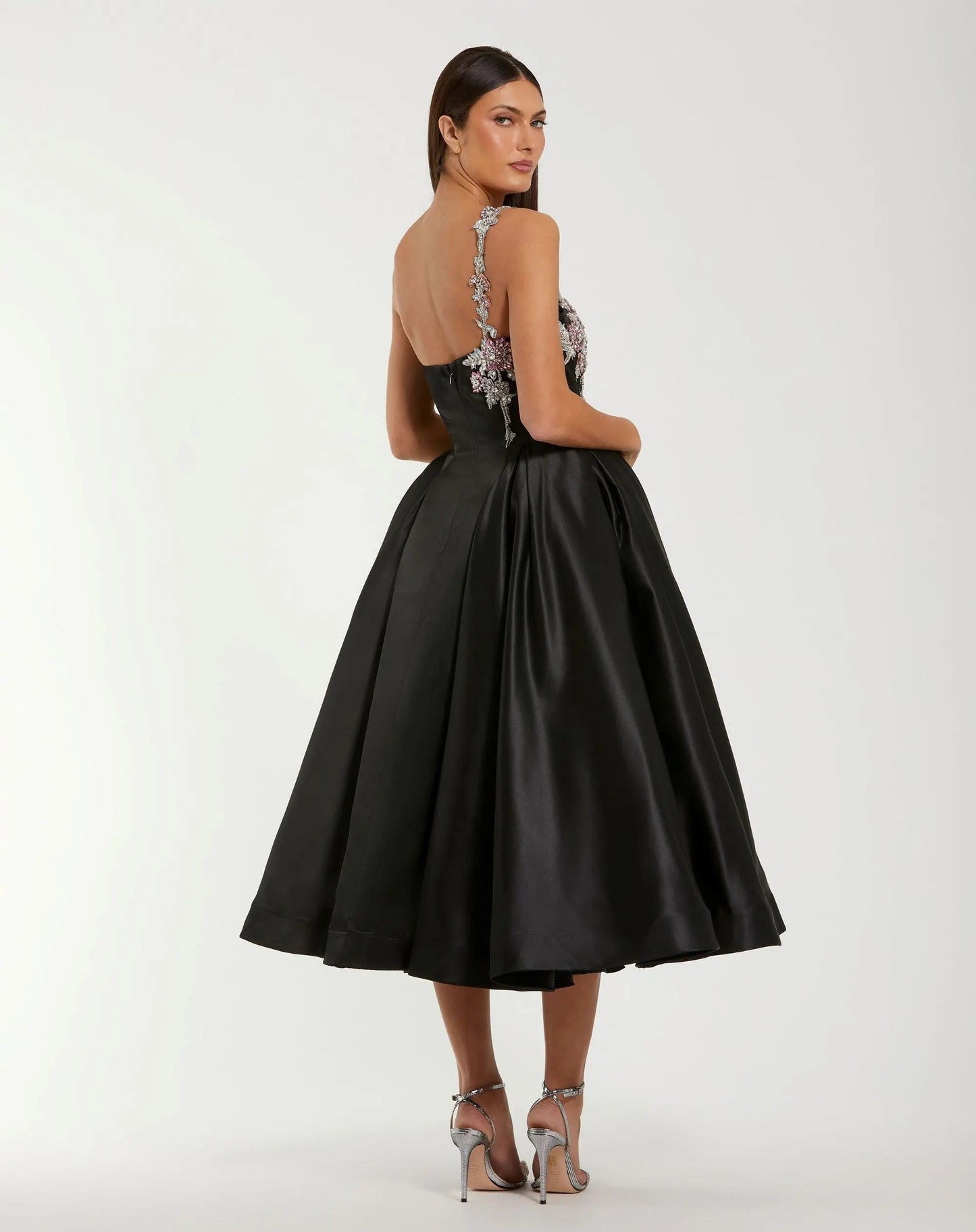 Black Satin One-Shoulder Midi Dress with Beaded Flowers