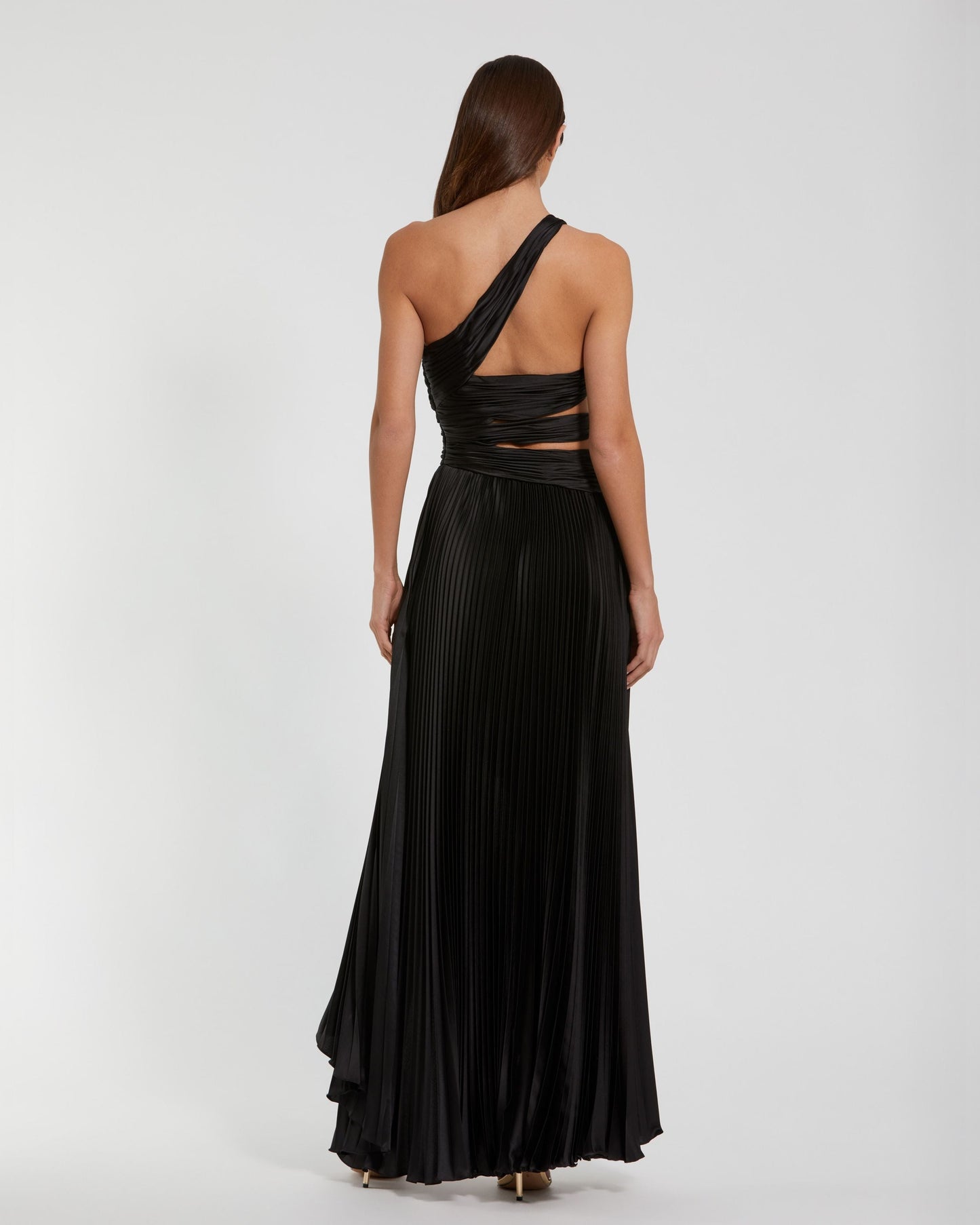 Black One Shoulder Pleated Charmeuse Gown with Slit