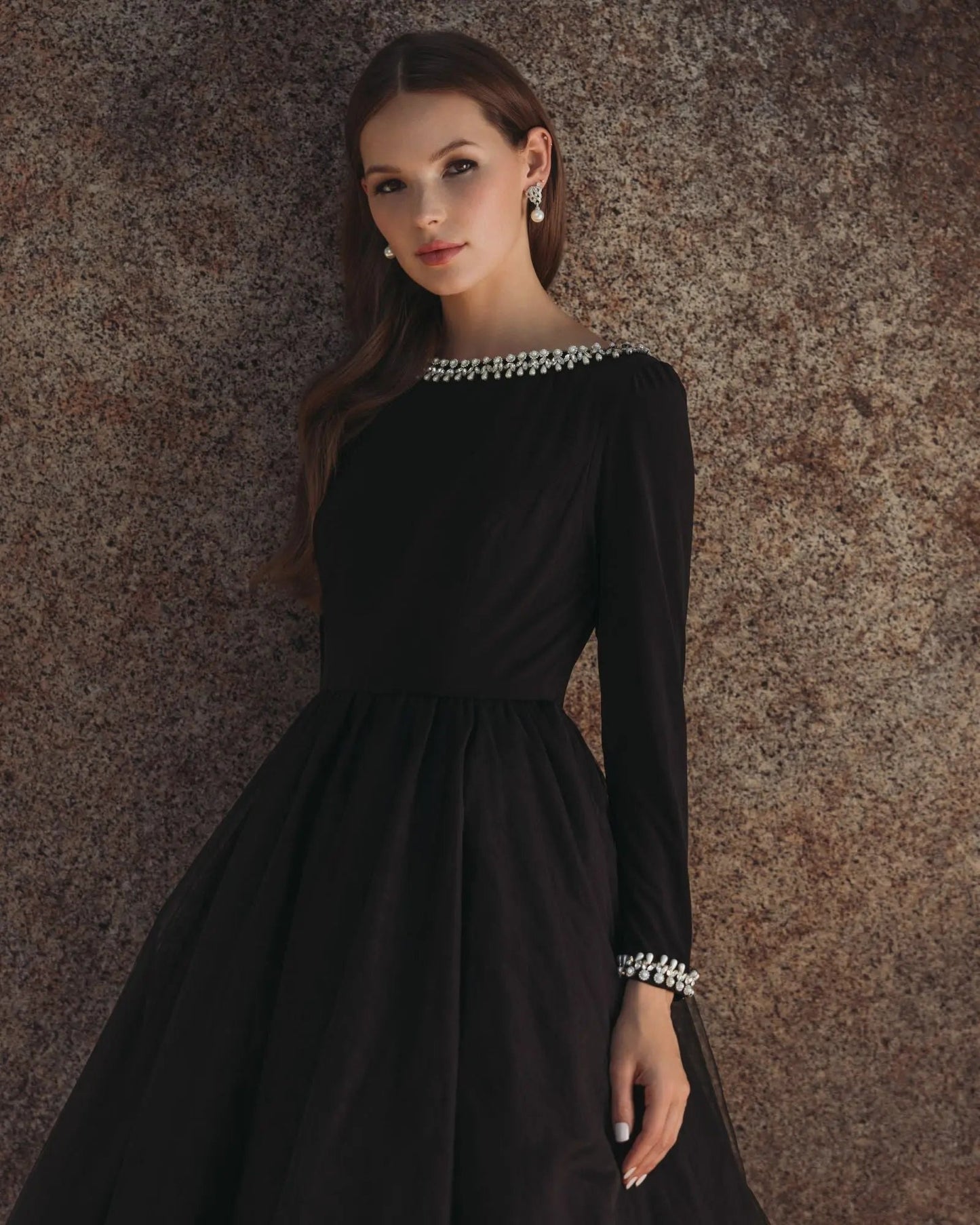 Black Long Sleeve Tulle Ball Gown