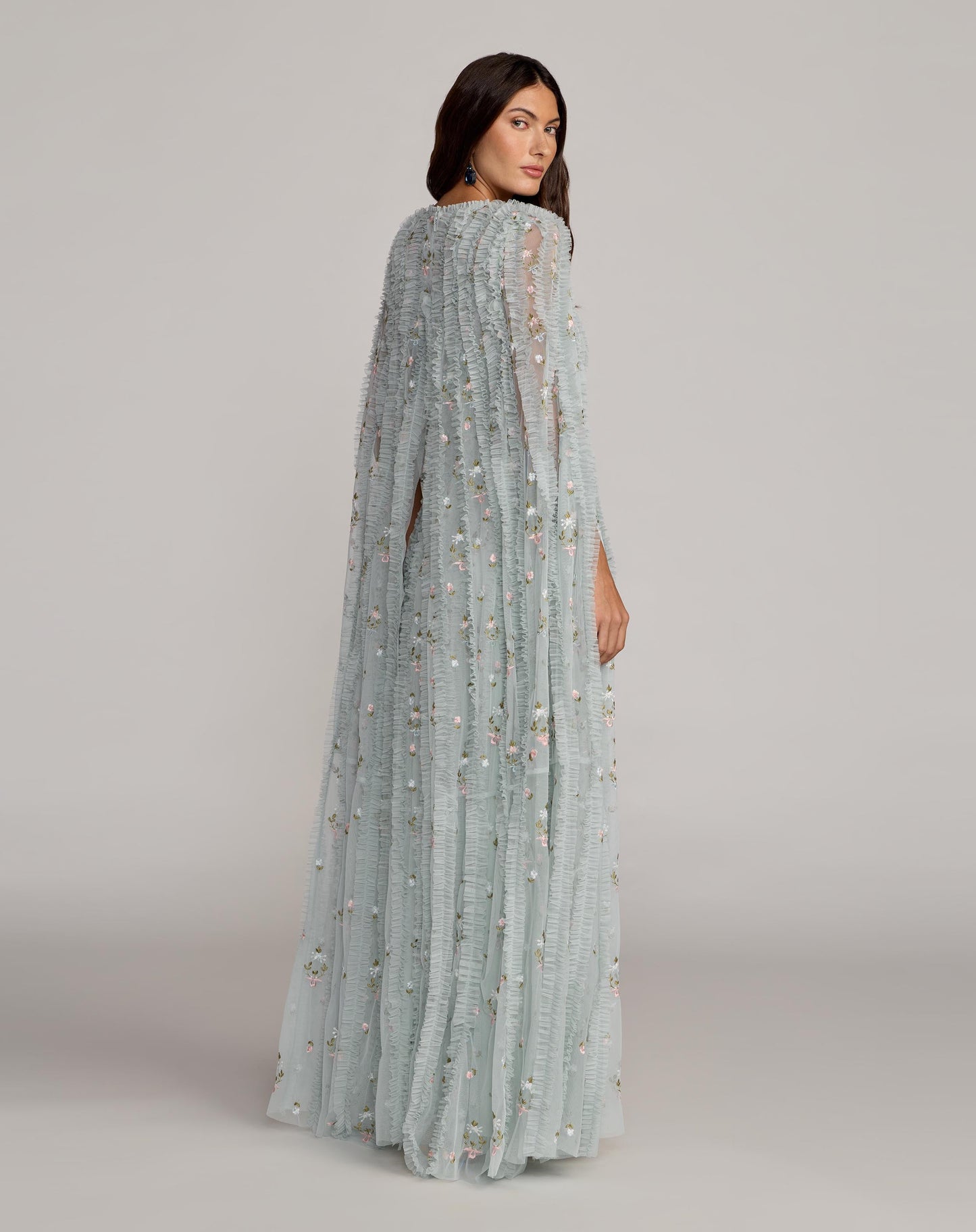Blue Embroidered High Neck Cape Sleeve Gown
