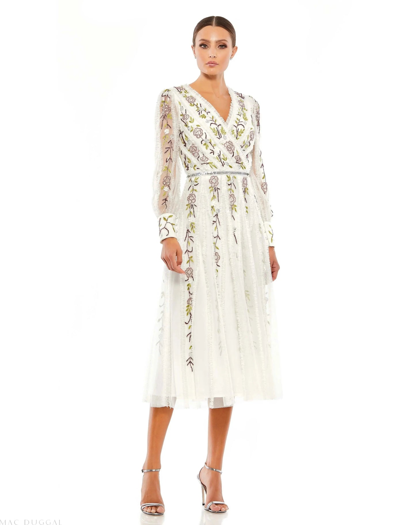 Long Sleeve Embroidered Wrap Midi Dress