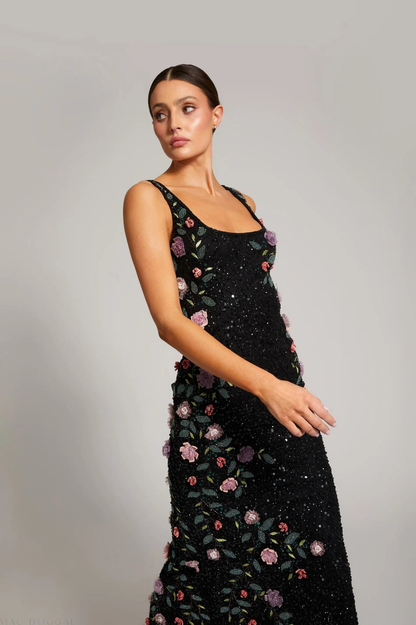 Black Floral Beaded Scoop Neck Sleeveless Gown