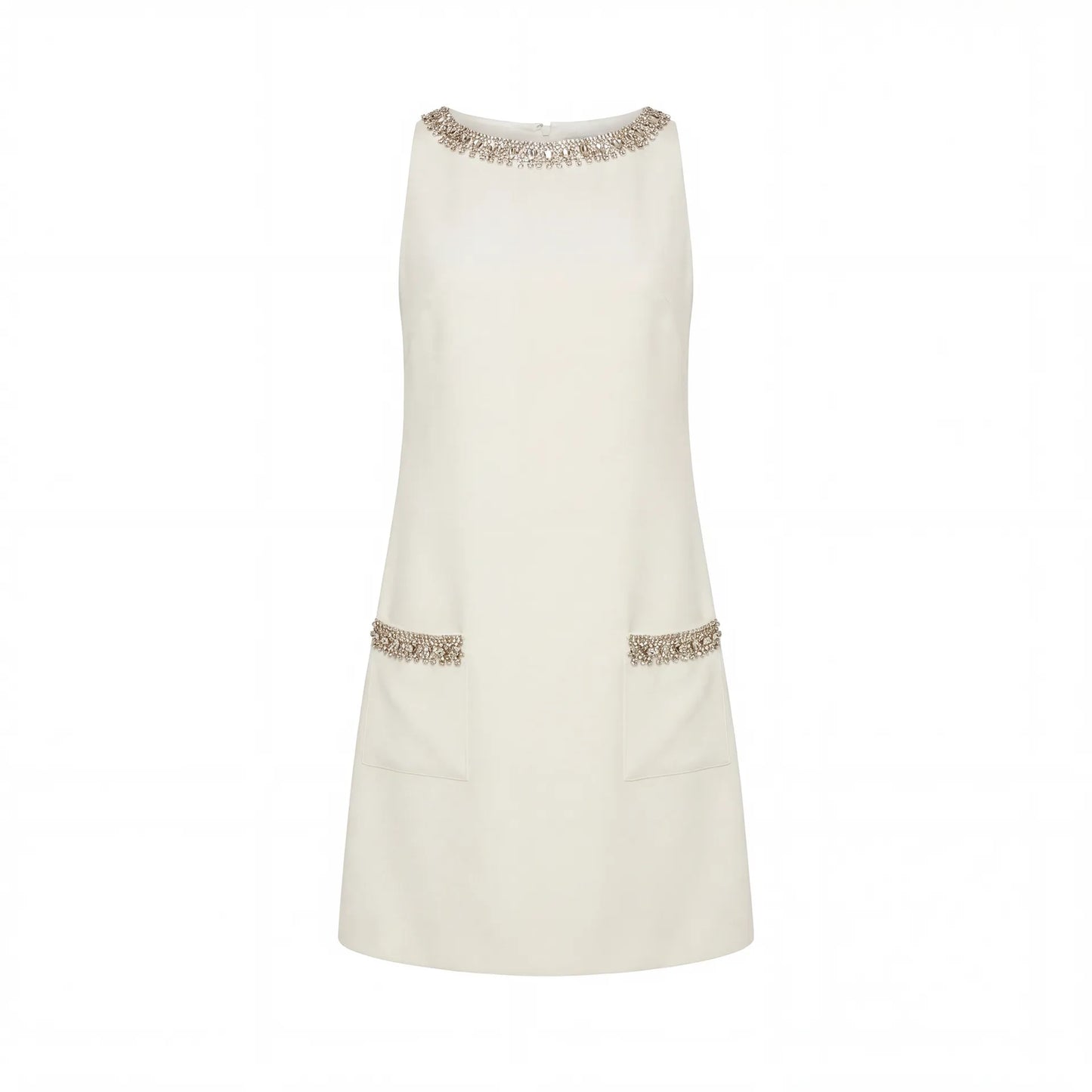Ivory Sleeveless Shift Mini Dress with Rhinestone Trim