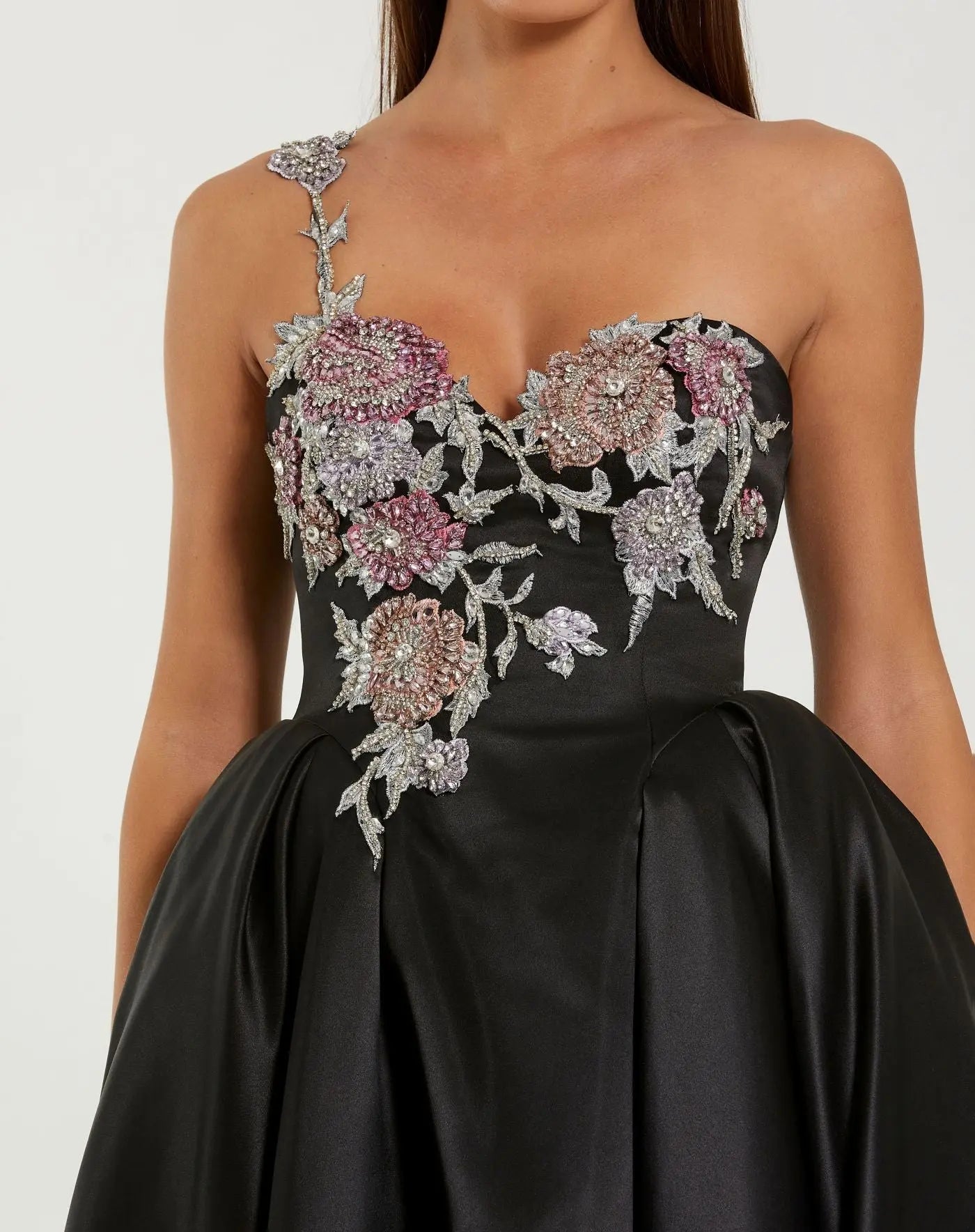 Black Satin One-Shoulder Midi Dress with Beaded Flowers