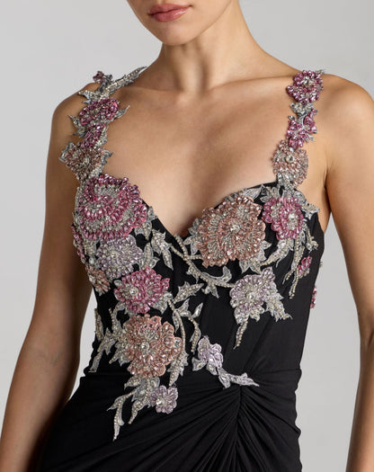 Black Sweetheart Jersey Gown With Beaded Flowers