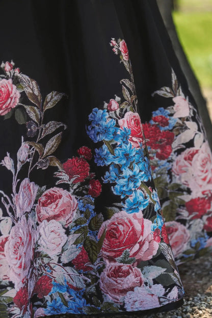 Black Strapless Floral Brocade Ballgown