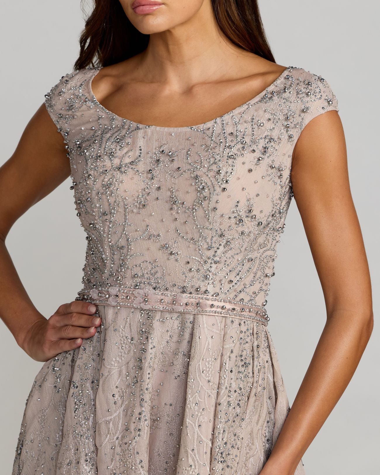 Light Purple Beaded Cap Sleeve A-Line Gown with Slit