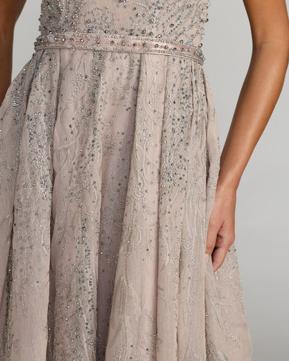 Light Purple Beaded Cap Sleeve A-Line Gown with Slit