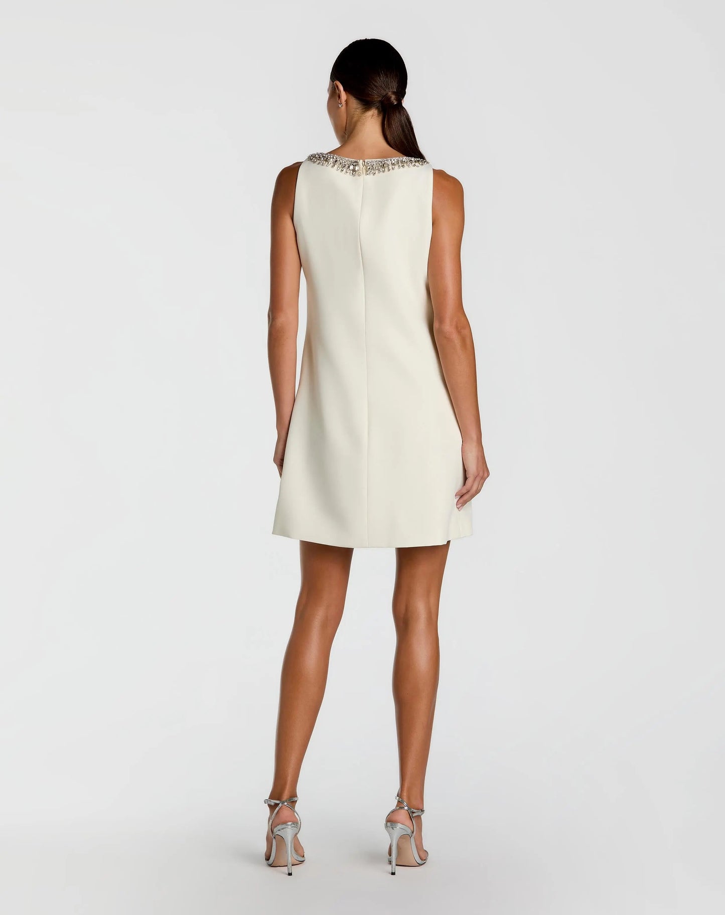 Ivory Sleeveless Shift Mini Dress with Rhinestone Trim