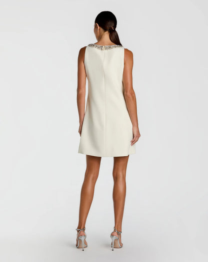 Ivory Sleeveless Shift Mini Dress with Rhinestone Trim