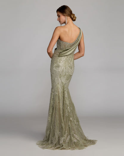 Green Beaded One Shoulder Draped Mermaid Gown