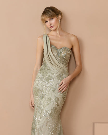 Green Beaded One Shoulder Draped Mermaid Gown
