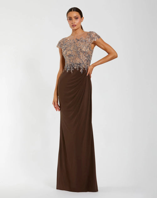 Brown High Neck Embellished Jersey Gown