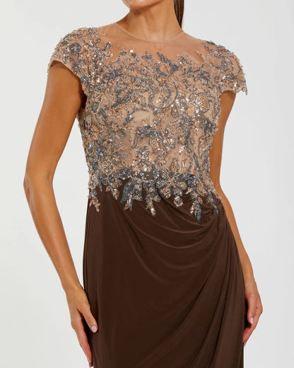 Brown High Neck Embellished Jersey Gown