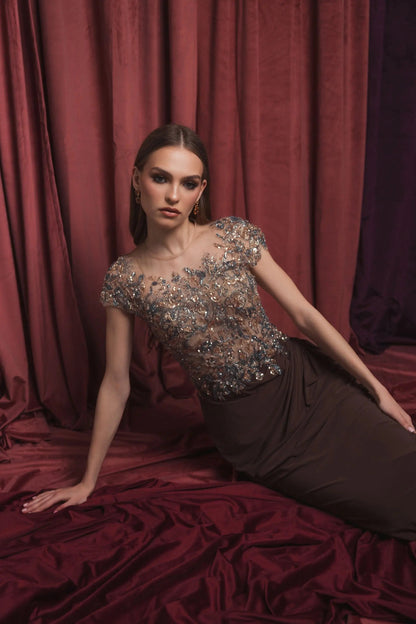 Brown High Neck Embellished Jersey Gown