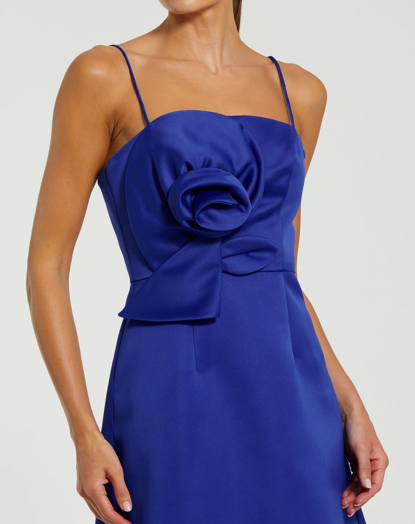 Blue Satin A-Line Mini Dress With 3D Rose Detail