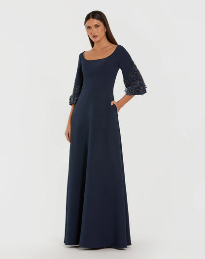 Crepe Gown With Floral Embellished Sleeves
