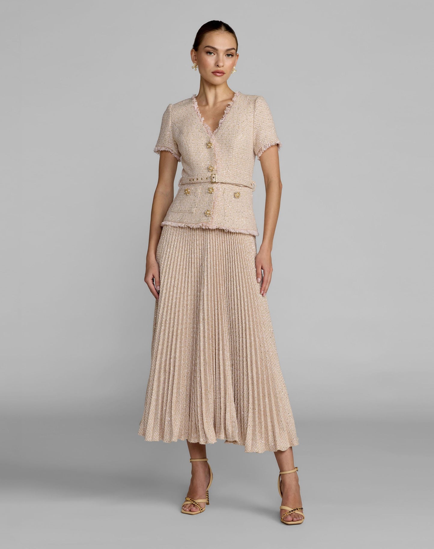 Light Pink Boucle Button Front Pleated Dress