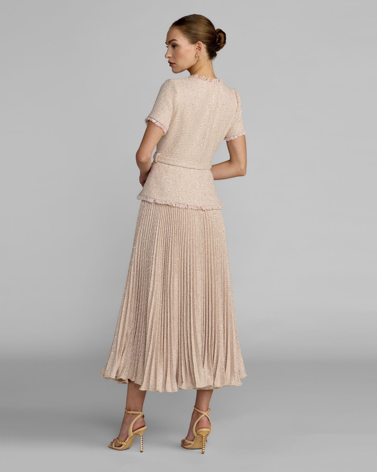 Light Pink Boucle Button Front Pleated Dress