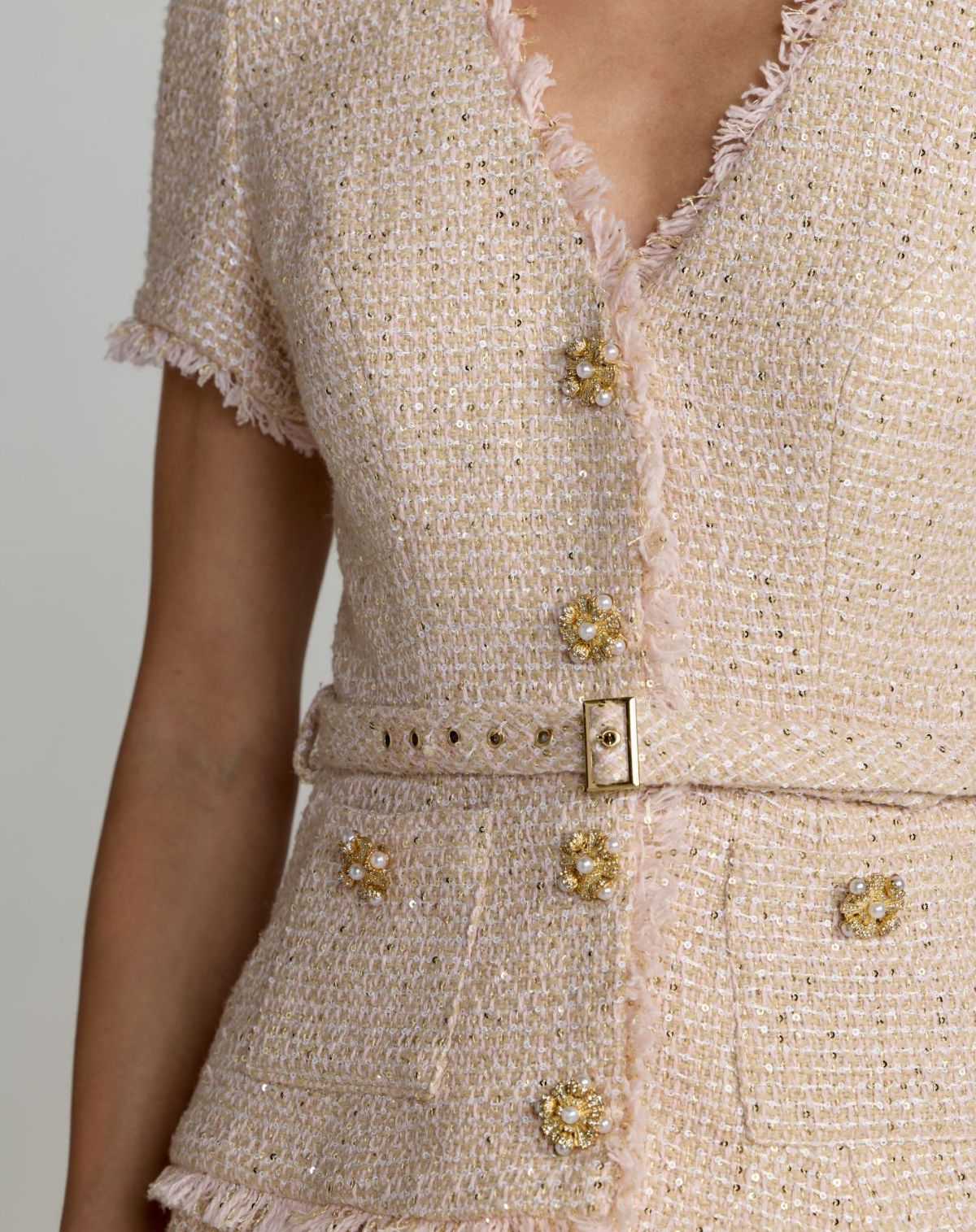 Light Pink Boucle Button Front Pleated Dress