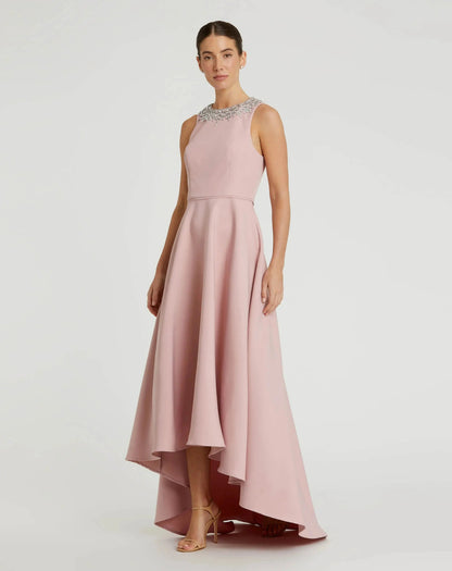 Crepe Embellished Neck High Low Gown
