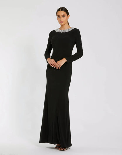 Black Long Sleeve Embellished High Neck Jersey Gown