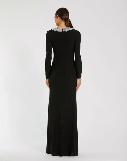 Black Long Sleeve Embellished High Neck Jersey Gown