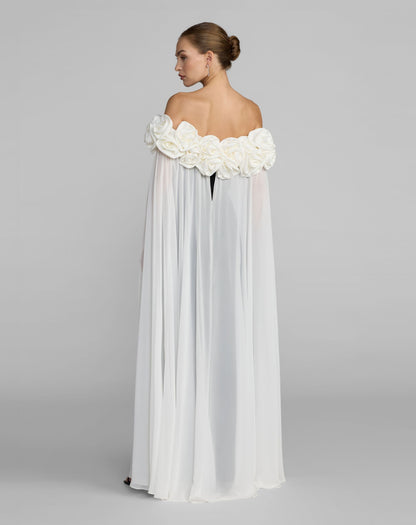 Black Off The Shoulder Crepe Gown With Chiffon Cape