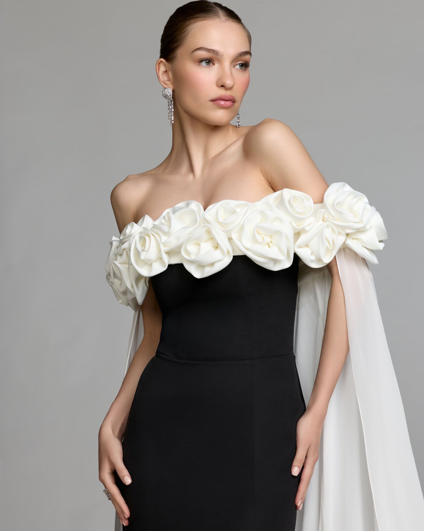 Black Off The Shoulder Crepe Gown With Chiffon Cape