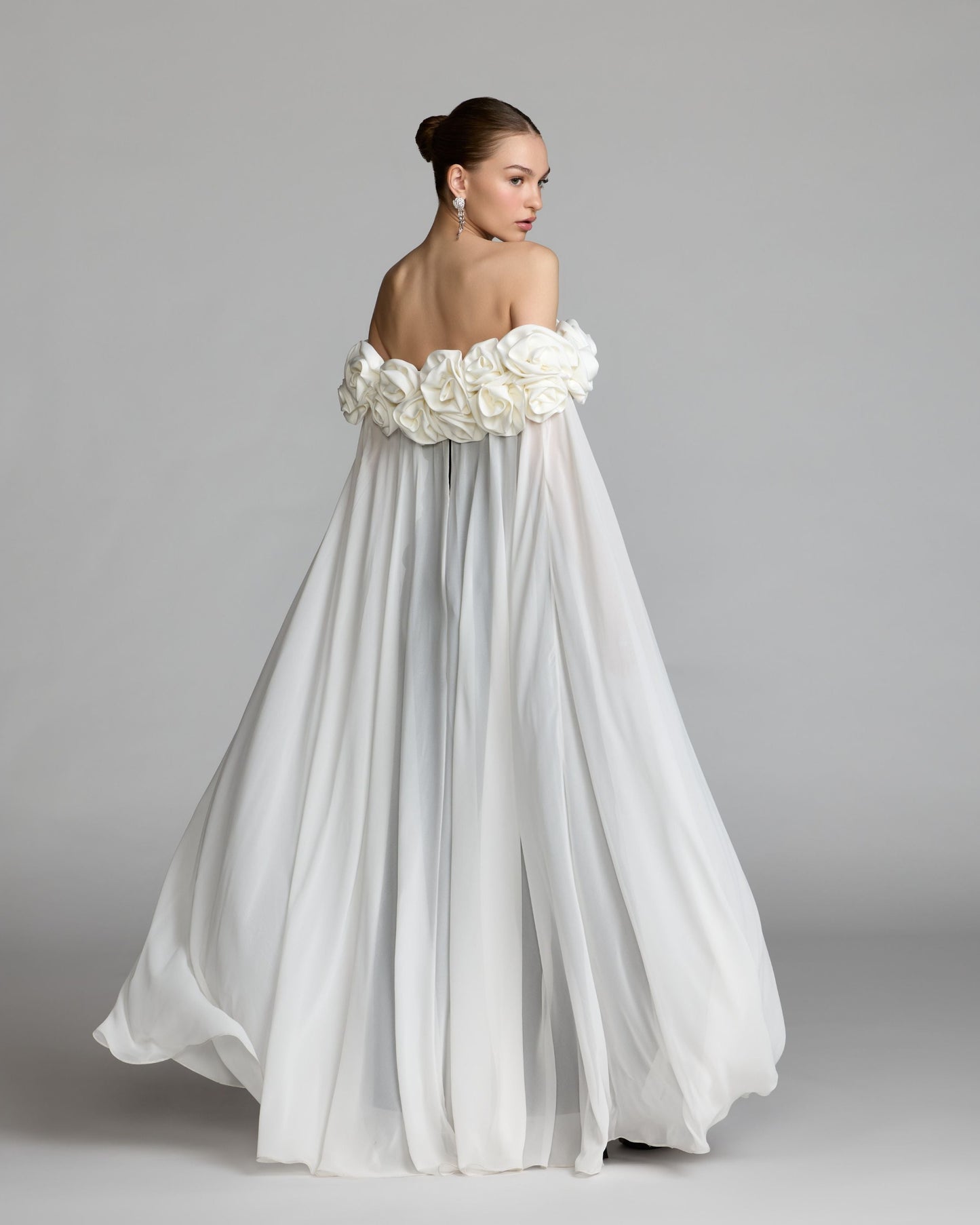 Black Off The Shoulder Crepe Gown With Chiffon Cape