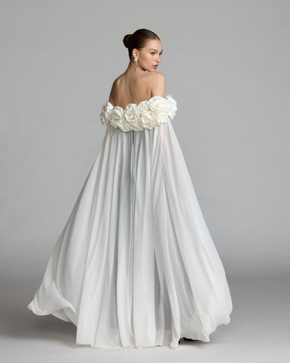 Black Off The Shoulder Crepe Gown With Chiffon Cape