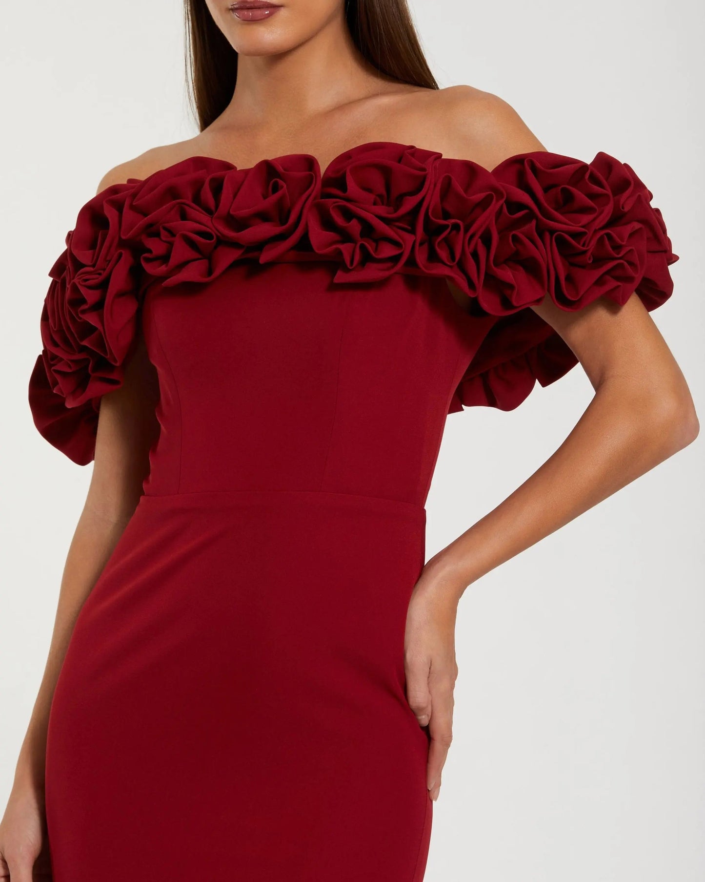 Burgundy Crepe Off The Shoulder Column Gown With 3D Roses