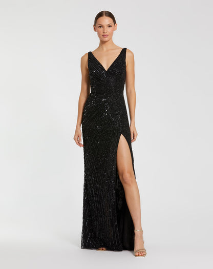 Black Beaded Floral Sleeveless Gown