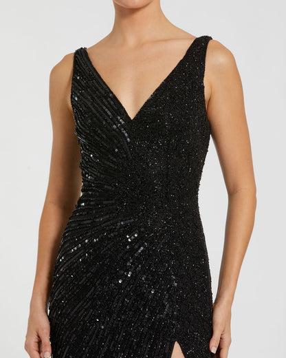 Black Beaded Floral Sleeveless Gown