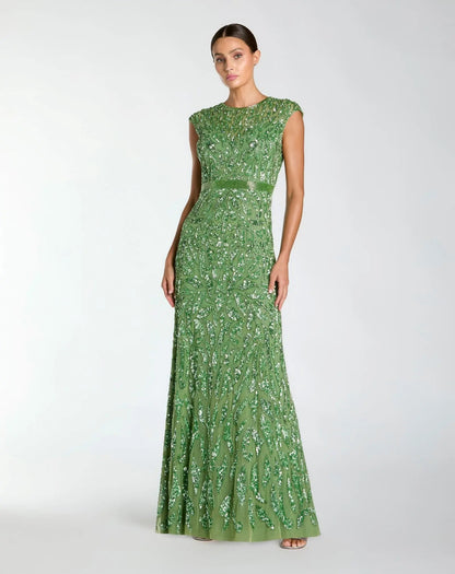 Embellished Illusion Cap Sleeve Column Gown