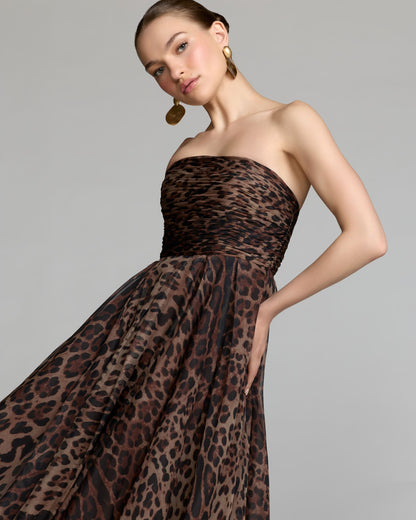 Leopard Strapless A-Line Chiffon Midi Dress