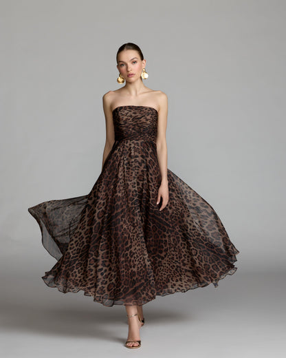 Leopard Strapless A-Line Chiffon Midi Dress