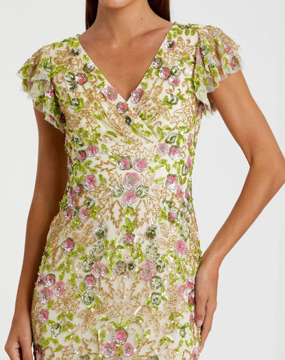 Beige Floral Embellished Flutter Cap Sleeve Dress