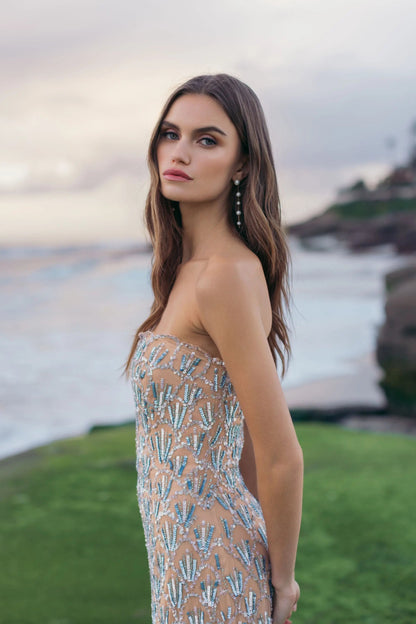 Beige Hand Embellished Strapless Evening Gown