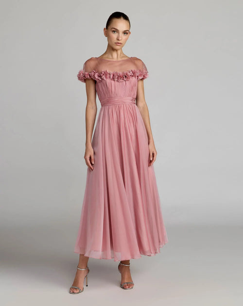 Chiffon Illusion Neck Midi Dress With 3D Flowers