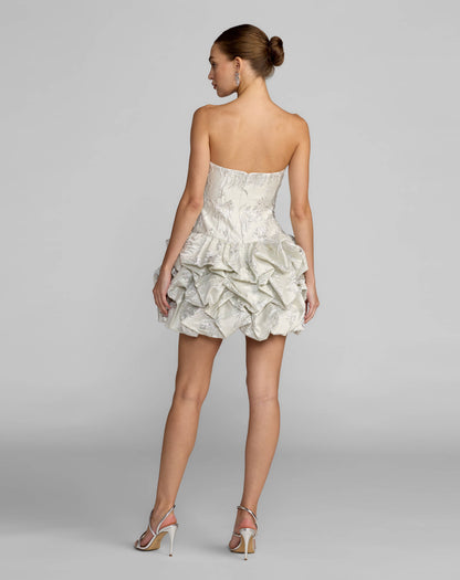 Ivory Strapless Brocade Bubble Hem Mini Dress