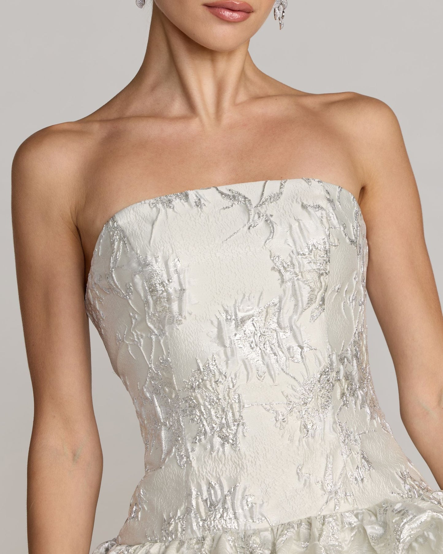 Ivory Strapless Brocade Bubble Hem Mini Dress