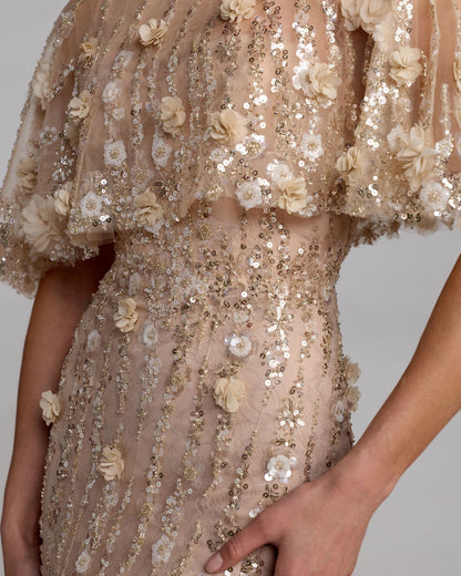 Beige Embellished Cape Sleeve Gown