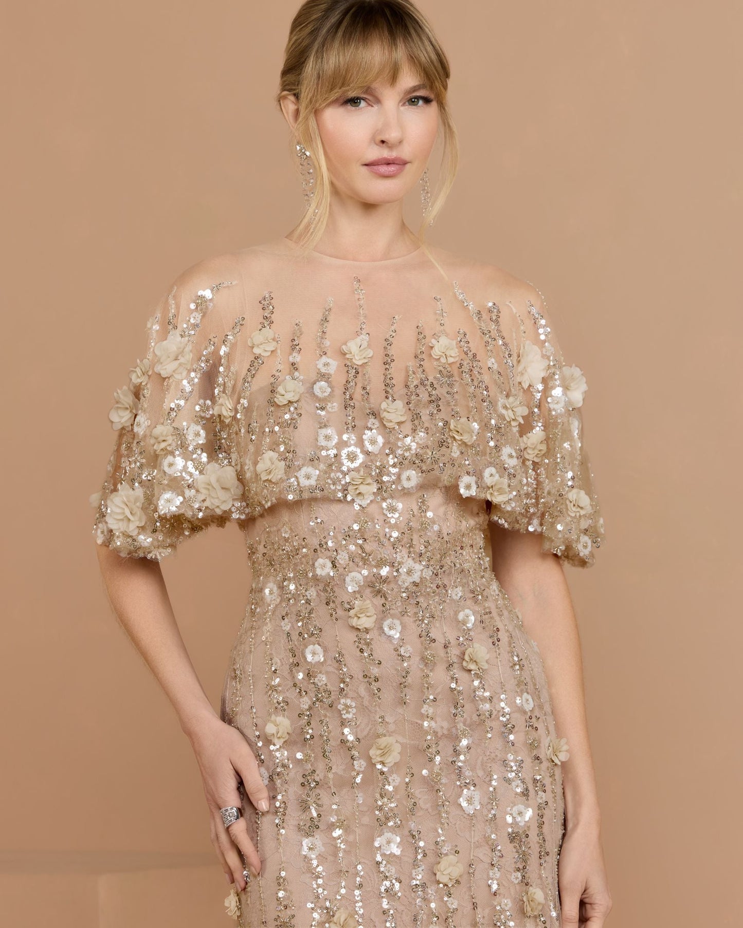 Beige Embellished Cape Sleeve Gown