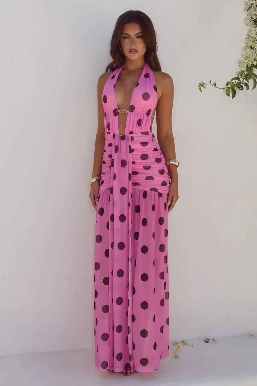 ADRIANNA PLUNGE RUCHED MAXI DRESS - MUSK/CHOC POLKA