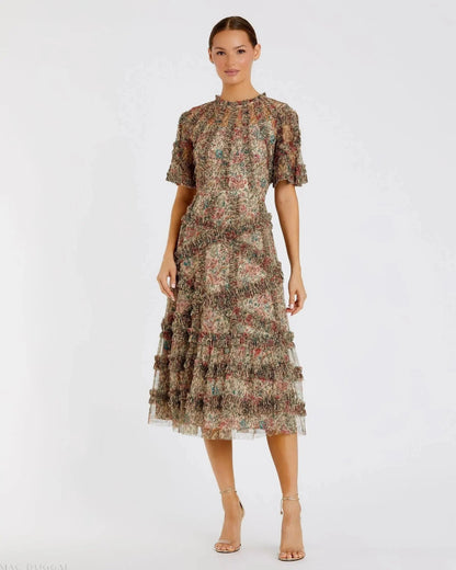 Illusion Floral Midi Dress with Ruffle Detailing