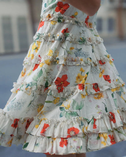 Ivory Floral Square Neck Ruffle Mini Dress