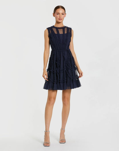 High Neck Sleeveless Micro Ruffle Mini Dress