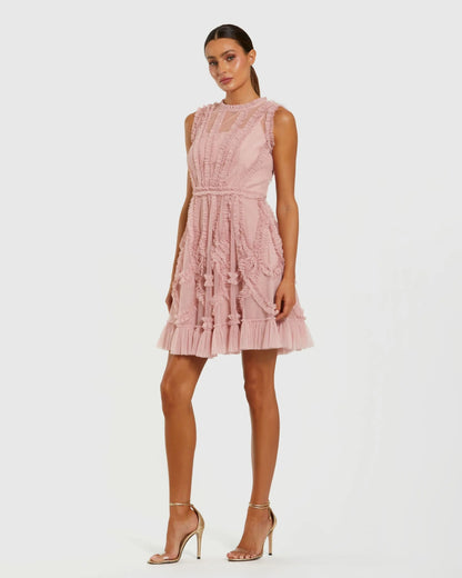 High Neck Sleeveless Micro Ruffle Mini Dress